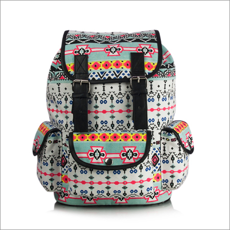 "White Printed Canvas Backpack"