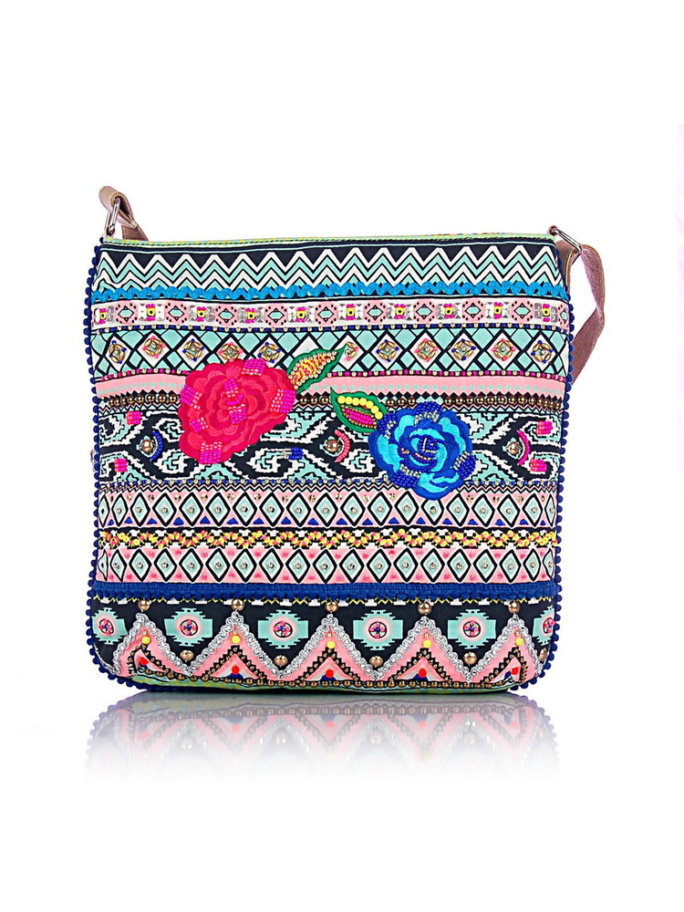 Floral Embroidered on Ikat Cross Body Bag