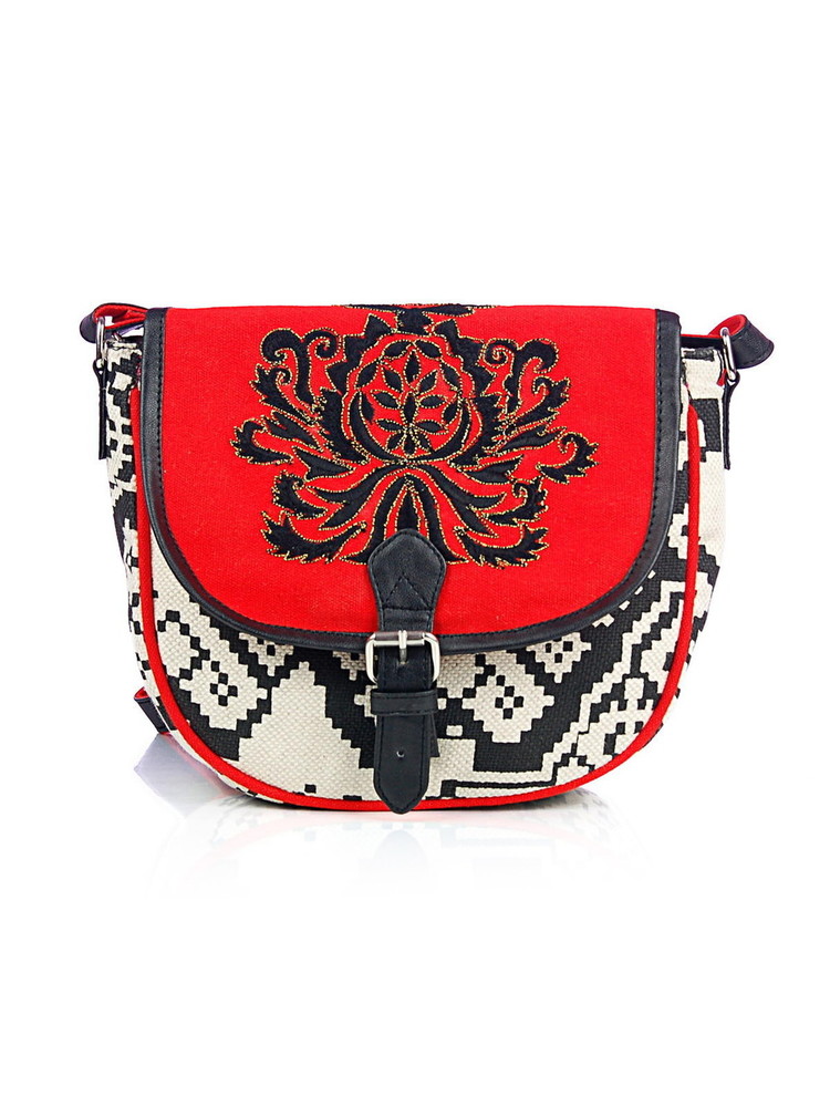 Orange Black Embroidered Cross Body Bag