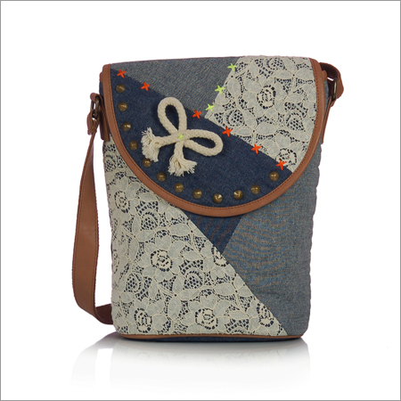 White Canvas Embellished Cross Body Bag - Canvas, Polyester, White, Adjustable Strap, Multiple Pockets, Waterproof Lining