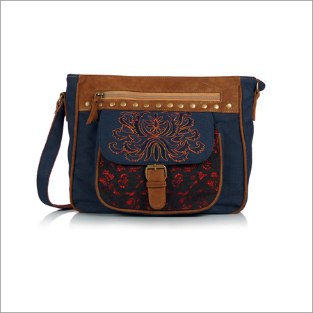 Canvas Studded Cross Body Bag - Blue Canvas, Leather Trim, Adjustable Strap | Embroidery, Studs, Multiple Pockets, Waterproof Lining