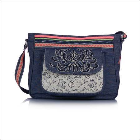 Blue Denim Cross Body Bag - Denim, 10x7x3 Inches, Blue | Embroidered Floral Net, Waterproof Lining, Adjustable Strap