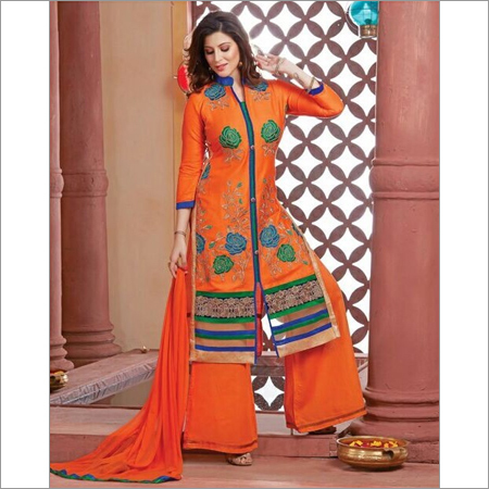 Party Wear - Silk Blend, Customizable, Orange | Handcrafted Embroidery, Elegant Design, Vibrant Colors, Smooth Texture, Palazzo Suit