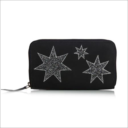 Black Star - Artificial Leather, 10x15cm, Black | Multiple Slots, Zippered Pocket, Star Embroidery, Zip Closure