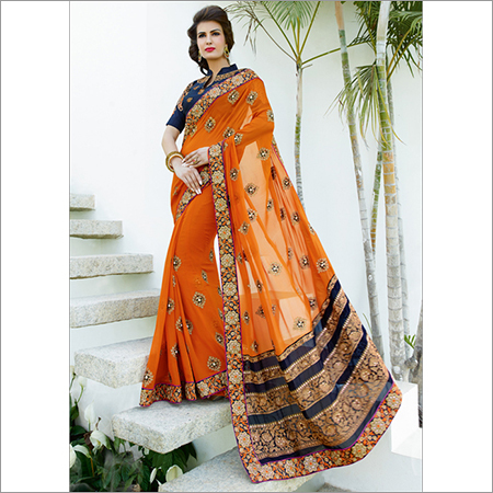 Orange And Navy Blue Bollywood Designer Saree
