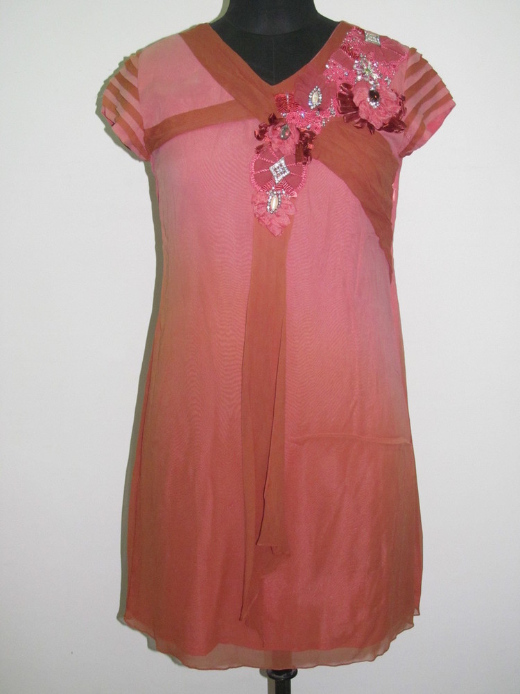 Ladies Western Dress - Silk Medium, Pink | Floral Appliqué, V-Neck, Knee-Length, Short Sleeves, Comfortable Fit