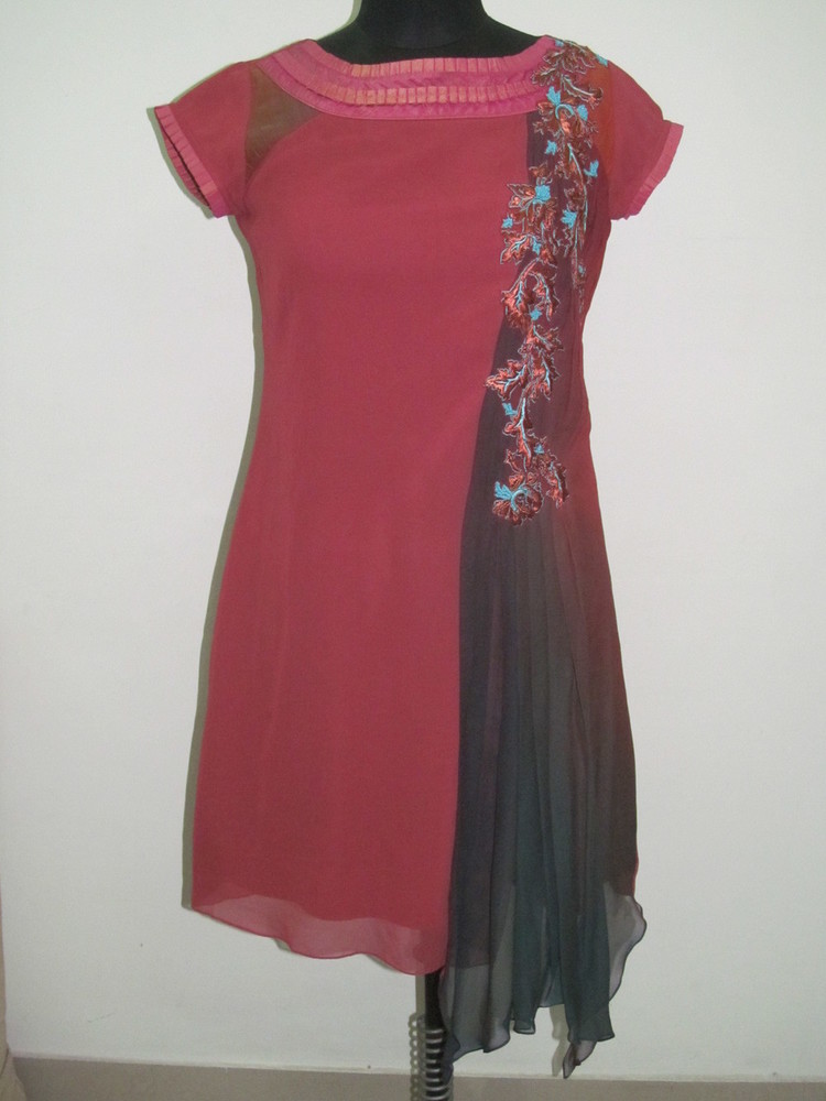 Ladies Western Dress - Chiffon Medium Pink, Boat Neck, Knee-Length | Embroidered, Stylish Design, Comfortable Fabric, Elegant Look, Unique Style, Perfect Fit, Versatile Wear