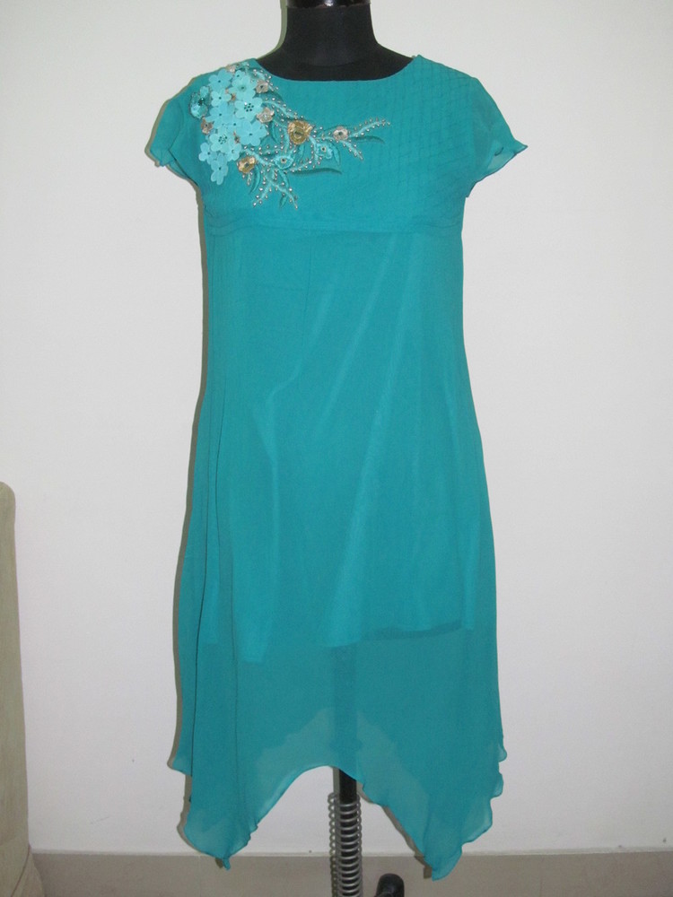 Ladies Western Dress - Chiffon, S-XL, Teal | Floral Embroidery, Elegant Design, Comfortable Fit
