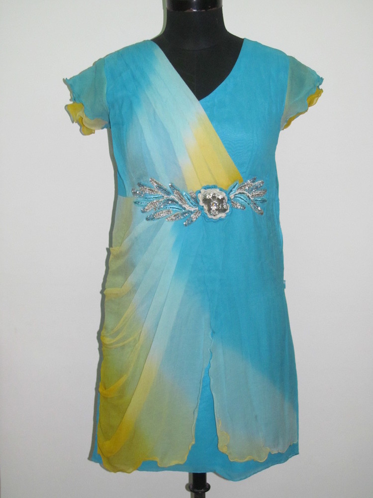 Ladies Western Dress - Silk Medium Turquoise, Embroidered Belt, Stylish Design, Soft Fabric, Comfortable Fit