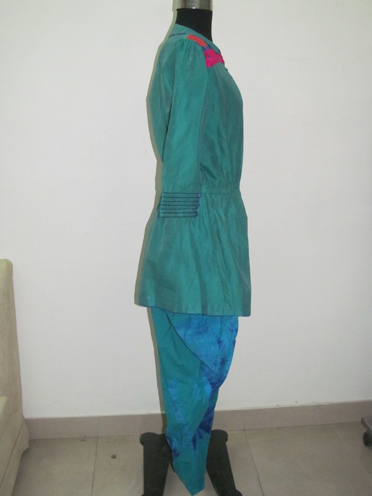 Ladies Western Dress - Silk Medium Teal, Button Closure, Round Neck, Three-Quarter Sleeve, Stylish Comfortable Fit