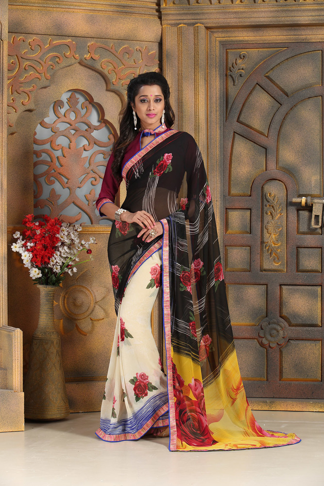 Latest Exclusive Sarees - Chiffon, 5.5 Meters, Black & Off White | Attached Blouse, Printed Work, Elegant Design