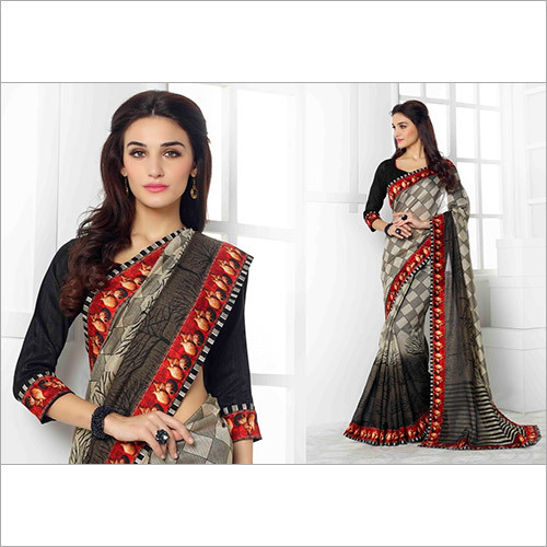 BLACK and Gray Linen Printed Saree - 5.5 Meters, 1.1 Meters Width, Soft Texture, Unique Pattern