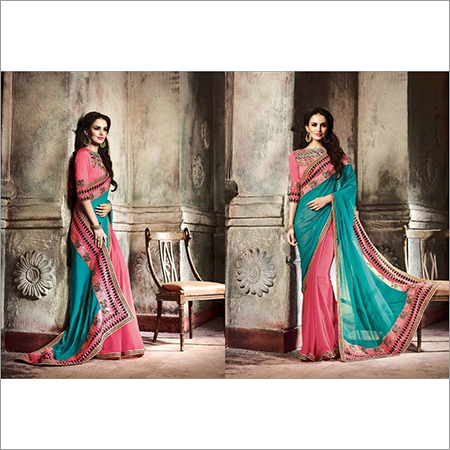 Georgette Designer Saree - Georgette Fabric, 5.5m Length, Green Pink | Embroidered, Art Silk Blouse, Comfortable Draping