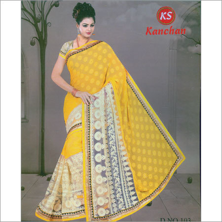 Yellow And White Designer Silk Saree