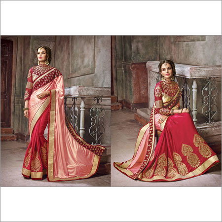 Crepe+Velvet Designer Saree - Crepe Velvet Fabric, Maroon Color, Velvet Art Silk Georgette Blouse, Embroidered, Half-n-Half Style