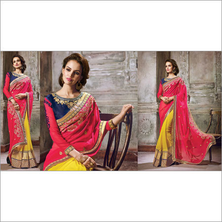 Georgette Designer Saree - Georgette Fabric 5.5m, Pink Yellow, Art Silk Blouse | Embroidered, Elegant Design, Party Wear, Comfortable Fit