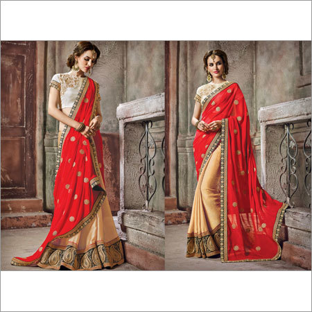 Satin Chiffon+Georgette Saree - 5.5 Meters, Red Cream, Art Silk Blouse | Soft Fabric, Elegant Style, Versatile Design