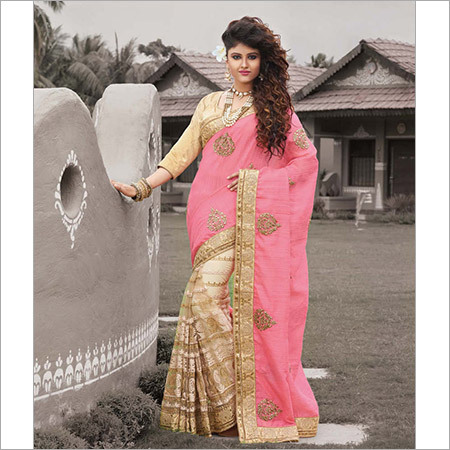 Silk Saree - Net and Silk Fabric, 5.5m Length, Beige and Pink, Jacquard Pink Blouse | Hand and Machine Embroidery, Elegant Design, Intricate Zari Butta, Cording Border