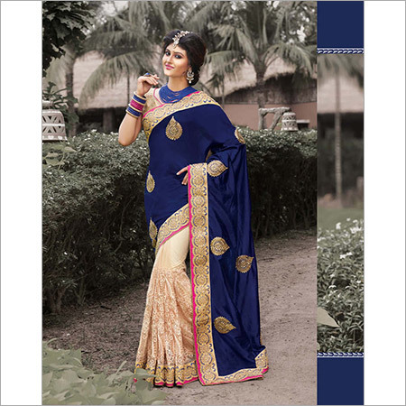 Net Sarees - Net and Silk, 5.5 Meters, Beige and Navy Blue, Jacquard Blouse | Heavy Zari Butta, Self-Embroidery, Cutwork Border, Handwork