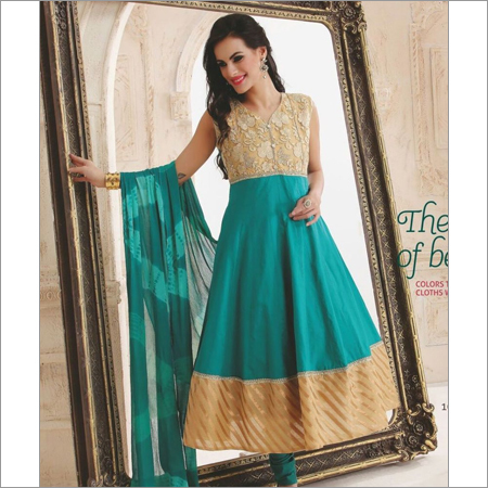 Embroidered Salwar Kameez - Silk, 54 Inches, Teal | Elegant Design, Gold Thread Embroidery, Party Wear, Customizable Size