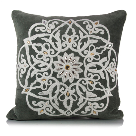 Grey Hand Embroidered Cushion Cover - Cotton Blend, 16x16 Inches, Grey | Hand-Stitched Embroidery, Invisible Zipper Closure, Soft Fabric