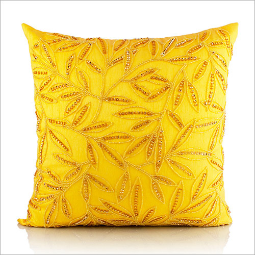 Yellow Embroidered Cushion Cover - Polyester, 18x18 Inches, Yellow | Soft Fabric, Zipper Closure, Durable, Easy Cleaning
