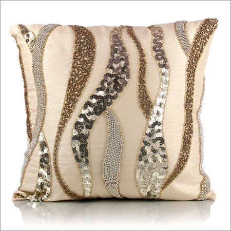 Golden Embroidered Cushion Cover - Silk Blend, 16x16 inches, Beige | Zipper Closure, Gold-Silver Embroidery, Soft Texture, Durable, Elegant Design