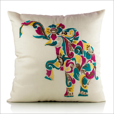 Off White Embroidered Cushion Cover - Cotton Blend, 16x16 Inches, Off-White | Elephant Embroidery, Zipper Closure, Soft Fabric, Durable Stitching