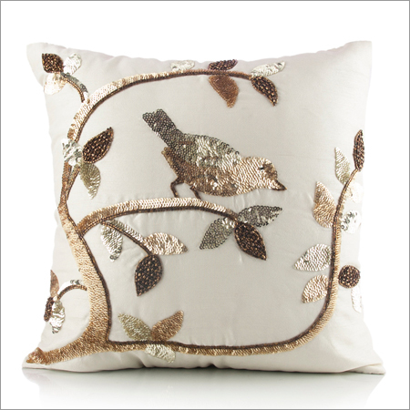 Off White Embroidered Cushion Cover - Cotton Blend, 16x16 Inches, Off-White | Bird Embroidery, Hidden Zipper, Soft Fabric, Durable Material