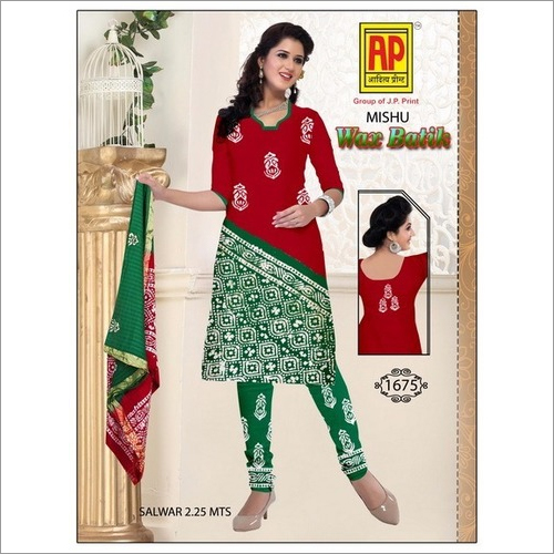 Red And Green Unstitched Cotton Batik Dress