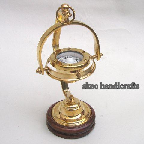 Solid brass gimball compass wooden base