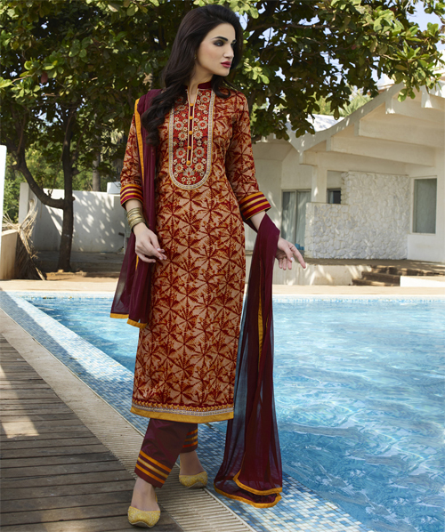 Exclusive Fancy Salwar Suits - Pure Cotton Fabric, 2.5 Mtr Top & Bottom, Maroon, Patch Border Embroidery | Elegant Design, Soft Fabric, Comfortable Wear