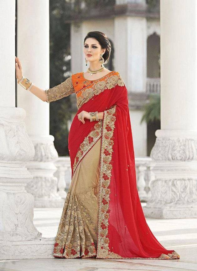 उत्तम दर्जे का लाल और भूरे रंग की साड़ी