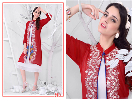 Fancy Valentine Kurti - Georgette, Knee-Length, Red | Floral Embroidery, Stylish Design, Comfortable Wear