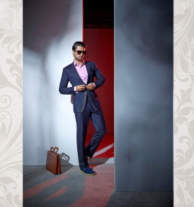 Classy Fashion Suits - Imported Fabric Navy Blue Suit, Pink Satin Shirt, Napple Pattern Collar, Contrast Piping, Side Pockets