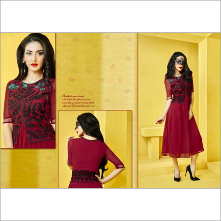 Designer Kurti - Georgette, Knee-Length, Maroon | Floral Embroidery, Stylish Design, Soft Fabric, Comfortable Fit