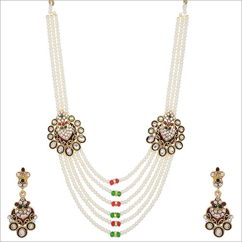 Contemporary Pearl - Pearl Necklace 48 cms, Multicolor Earrings 5.9x2.6 cms | Gold Plated, Traditional, Wedding Set