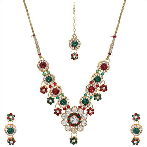 Round Flower - Alloy Necklace Set 19.5 cms, Multicolor, Gold Plated, Maang Tika | Festive Wear, Elegant Design, Gemstones
