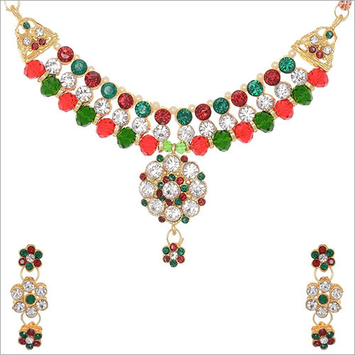 Triround Flowers - Gold Plated Alloy, Necklace 21 cms, Earrings 3.5x1.3 cms | Traditional Design, Multicolor Stones, Festive Wear
