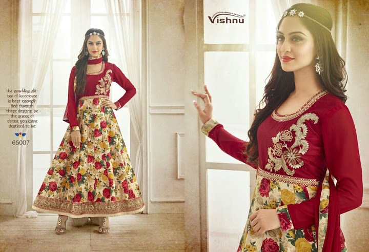 MASTANI--BHAGALPURI PRINTED SUIT - Bhagalpuri Fabric, Floor Length, Red | Floral Embroidery, Elegant Design, Comfortable Fit, Anarkali Style