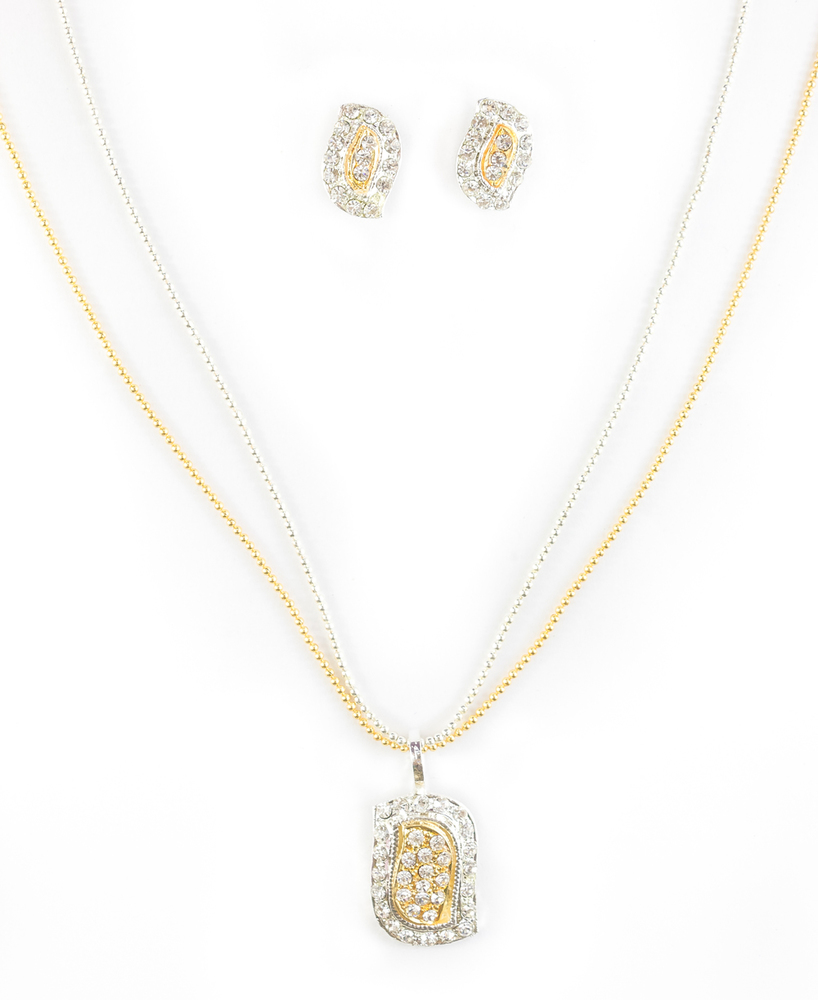 Leaf - Gold & Silver Dual Chain Necklace 40 cms, Golden Leaf Pendant 4x2 cms, Earrings 1.9x1.4 cms, Elegant Versatile Set