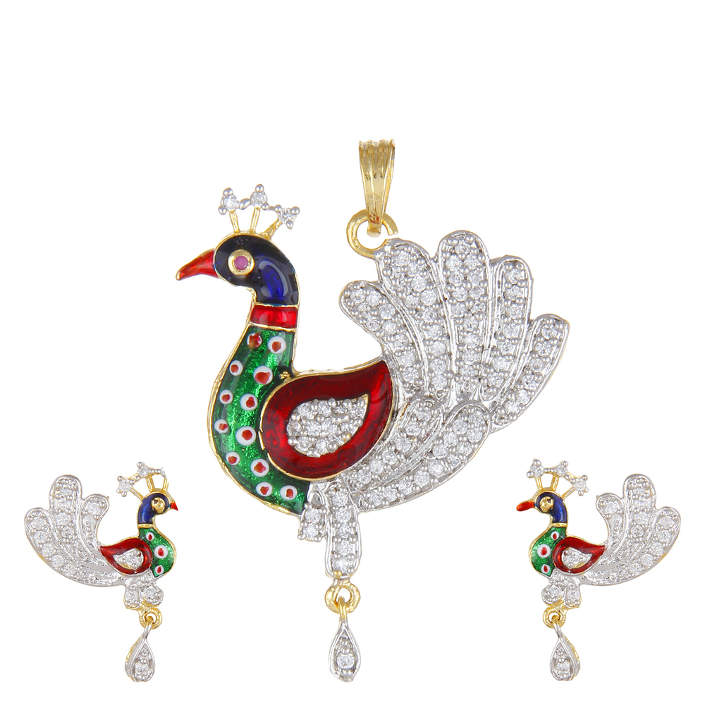 Merry Peacock - Alloy Jewelry Set 4.7x4 cm Pendant, 2x2.9 cm Earrings, Multicolor Elegant Design