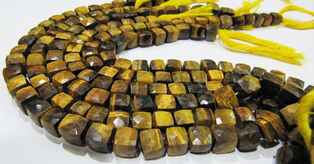 Natural Tiger's Eye 3D Faceted Box Shape 8 to 9mm Beads Strand 8 inch long