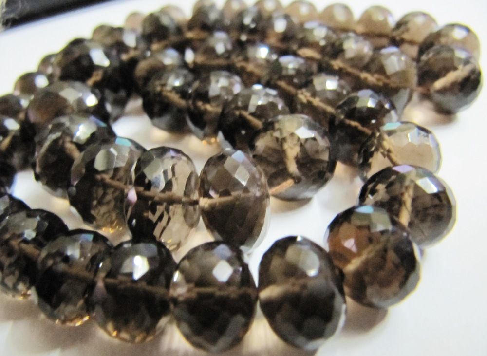 Natural Smoky Quartz Rondelle Faceted 9 to 12mm Graduated Beads Strand 8''Long