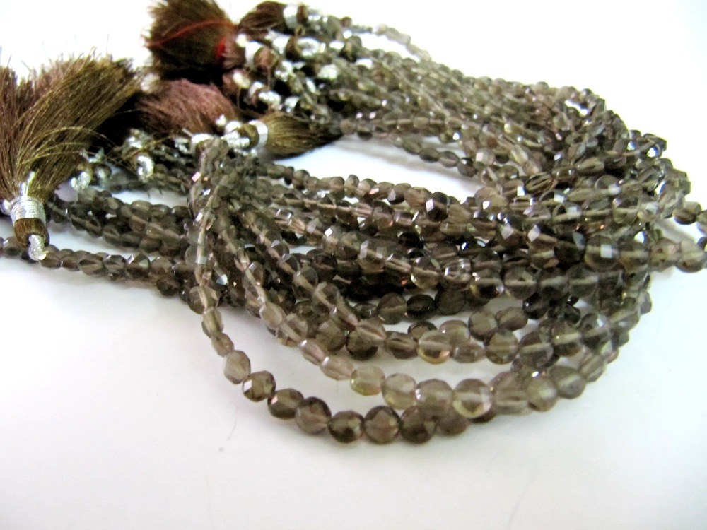 Natural Smoky Quartz Coin shape Faceted 4mm Beads Strand 13 inches Long