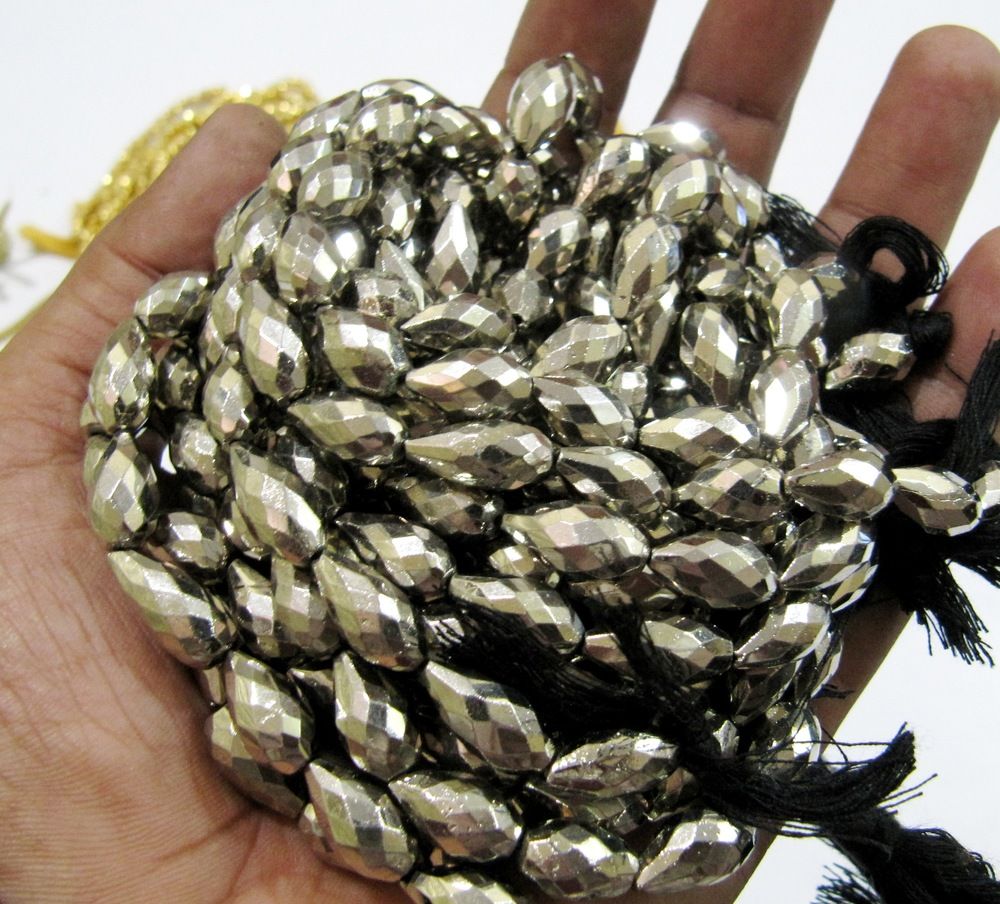 Natural Pyrite Drops 7x12mm to 8x14mm Silver Coated Pyrite Faceted Strand 8''long