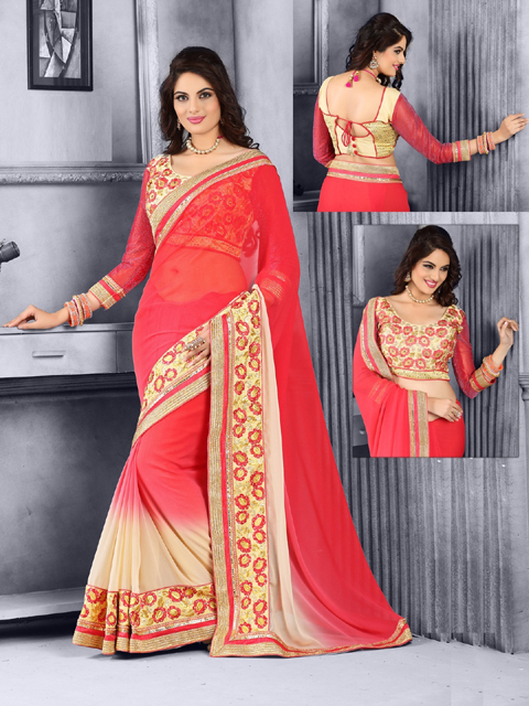Georgette Designer Saree - 5.5 Meters Pink Beige Georgette, Embroidered Party Wear with Blouse Piece