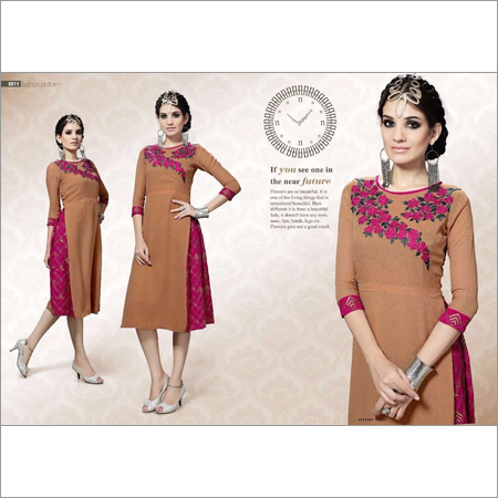 Designer Kurti - Georgette Knee-length Brown, Floral Embroidery | Stylish, Comfortable Fit, Elegant Look