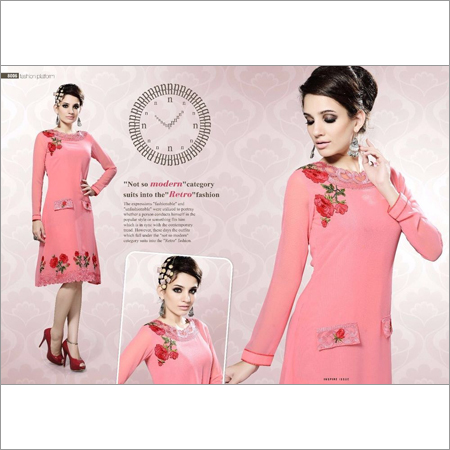 Designer Kurti - Georgette, Knee Length, Pink | Floral Embroidery, Full Sleeve, A-line Style, Comfortable Fit