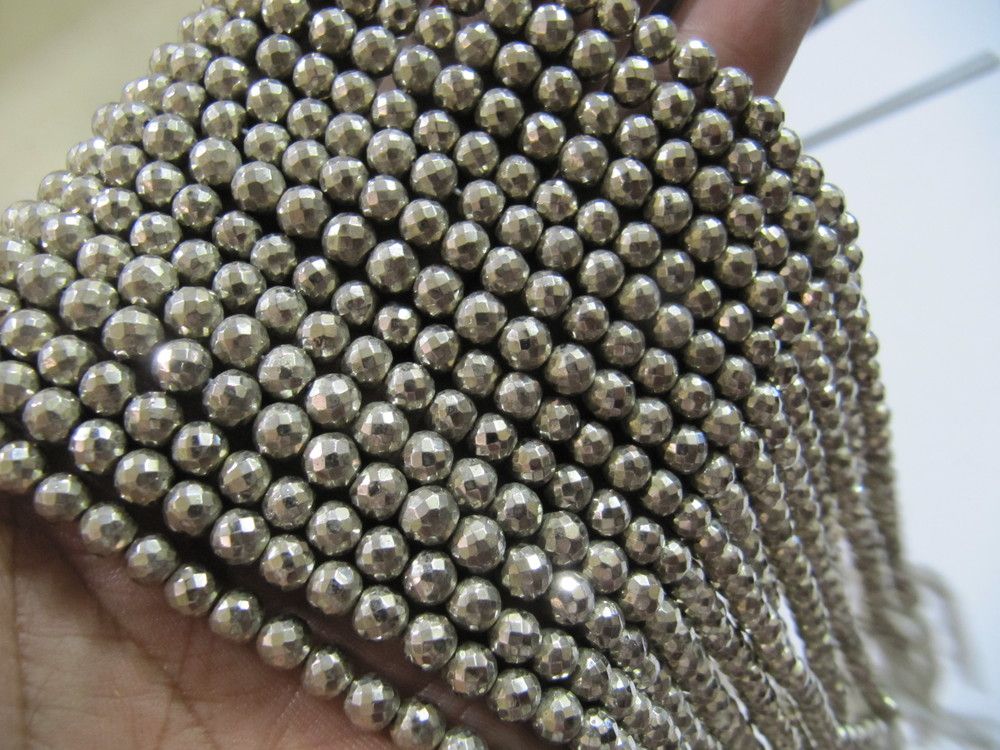 Natural Pyrite Round Faceted Beads 5-6m Gemstone Beads Strand 13 inch Long